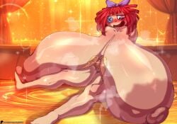 1girls areolae big_breasts breast_expansion breasts breasts_bigger_than_head breasts_bigger_than_torso breasts_out busty clothing doll_girl female female_only huge_breasts hyper hyper_breasts large_breasts looking_at_breasts looking_at_self looking_down massive_breasts nipples okioppai png ragatha_(the_amazing_digital_circus) red_hair sitting sitting_on_floor solo the_amazing_digital_circus thick_thighs wide_hips