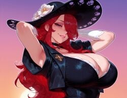 1girls ai_generated armpit_peek armpits arms_behind_head arms_up balecxi biting_own_lip black_choker black_dress black_headwear black_jacket blue_eyes breasts choker cleavage clothing cropped_jacket curvaceous curvaceous_female curvaceous_figure curvy curvy_figure dress eyes_visible_through_hair female female_focus female_only flower gloves gradient_background hair_over_one_eye hat hat_flower headwear huge_breasts inviting jacket large_breasts league_of_legends lips long_hair looking_at_viewer makeup mature_female miss_fortune open_jacket parted_lips presenting presenting_breasts presenting_self red_hair seductive seductive_look seductive_smile short_sleeves smile solo sun_hat sunset upper_body voluptuous voluptuous_female white_flower white_gloves