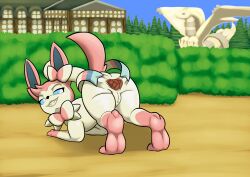 anus ass ass_up big_butt blue_sclera eeveelution female fur generation_6_pokemon half-closed_eyes hi_res looking_back narrowed_eyes nintendo pink_body pink_fur poisonsneksoffie pokemon pokemon_(species) pupils raised_tail rear_view sharp_teeth smile smirk solo spread_anus spreading sylveon tail teeth thick_thighs white_pupils