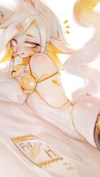 3gs absurd_res anthro ass bell biped blush clothed clothing collar condom eyebrows eyelashes felid feline female fingers fur hi_res lying mammal on_front sexual_barrier_device simple_background smile solo tail white_body white_fur white_tail yellow_eyes