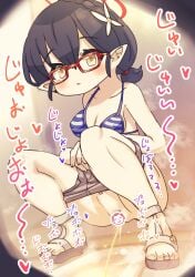 ayane_(blue_archive) ayane_(swimsuit)_(blue_archive) bikini black_hair blue_archive blue_bikini breasts censored character_censor clothes_pull commentary doodle_sensei_(blue_archive) female flower glasses grey_shorts hair_flower hair_ornament halo hayasaka_(neoneet) highres medium_breasts novelty_censor official_alternate_costume open_mouth paid_reward_available peeing pointy_ears ponytail red-framed_eyewear red_halo sandals sensei_(blue_archive) shorts shorts_pull solo squat_toilet squatting striped_bikini striped_clothes swimsuit toes toilet_use urine