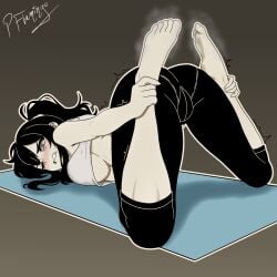 1girls ass barefoot black_hair bound_puppy_pose breasts clenched_teeth crop_top crop_top_overhang facing_away feet female_focus full_body grabbing_own_ankles gradient_background green_eyes highres kneeling large_breasts looking_at_viewer looking_back mature_female meme no_bra on_chest one_eye_closed pants pantylines pinkflamingo pinkflamingoart ponytail prone reaching_back renee_graves sidelocks signature smell solo steam steaming_body teeth textless_version the_coffin_of_andy_and_leyley top-down_bottom-up trembling underboob variant_set yoga yoga_mat yoga_pants yoga_pose_meme_2026