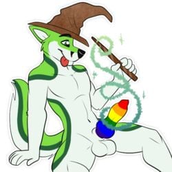 1:1 alpha_channel anthro black_nose canid canine clothing digital_media_(artwork) fidget_the_fox fox fur genitals green_body green_eyes green_fox green_fur hair halloween hat headgear headwear holidays kwik_(artist) lgbt_pride_colors magic magic_user male male_only mammal multicolored_penis penis pink_tongue pride_colors rainbow_penis simple_background smile solo sticker telegram telegram_stickers text tongue tongue_out wand white_body white_fur wizard_hat