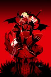 1girls absurd_res arm_sleeves artist_name artist_signature belly_button big_breasts black_wings blonde_hair blood_on_face chains demon_girl female female_focus fur glitch glowing_chain glowing_eyes godtail hand_on_leg heart horns leather_boots original_character red_background red_body red_eyes red_skin red_skinned_female sitting sitting_on_person skull spikes spikes_on_arm spikes_on_head sports_bra sportswear striped_legwear striped_panties sword sword_on_back tagme tattoo tattoos wings