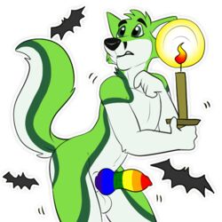 1:1 alpha_channel anthro black_eyebrows black_nose candle candlelight canid canine chiropteran digital_media_(artwork) eyebrows fidget_the_fox fox fur genitals green_body green_eyes green_fox green_fur hair halloween holidays kwik_(artist) male male_only mammal multicolored_penis penis rainbow_penis scared shaking simple_background solo sticker telegram telegram_stickers white_body white_fur