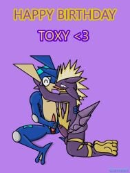 amphibian anthro blue_body comet_(cometmystic21) cometmystic21 french_kissing frog generation_6_pokemon generation_8_pokemon greninja hand_on_hip hi_res hug kissing lizard male male/male nintendo pokemon pokemon_(species) purple_body reptile scalie simple_background solo toxtricity