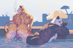 anthro ass bear beastars black_body black_fur charr_(maririn) clothing duo eruprior felid fur giant_panda gouhin_(beastars) hi_res leopard lgbt_pride lgbt_pride_month male male/male mammal muscular muscular_male pantherine pride_colors smoking swimming_pool thong underwear white_body white_fur