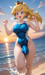 1futa ai_generated belly_button big_breasts big_penis blonde_hair blue_eyes bulge bulge_through_clothing earrings futa_only futanari happy huge_breasts huge_cock long_hair looking_at_viewer mario_(series) one-piece_swimsuit ponytail princess_peach running smiling_at_viewer swimsuit thighs tight_clothing