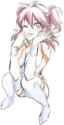 arms_at_sides bike_shorts breasts commentary crop_top dated female female_villain freckles freckles_on_face ginger ginger_female ginger_hair green_eyes gundam gundam_00 head_tilt heart highres large_breasts long_hair looking_at_viewer midriff nena_trinity red_hair shorts smile squatting thighhighs tongue tongue_out untranslatable_commentary v villainess wavy_hair yanada_kiyorin