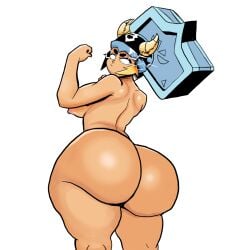 1girl ass_focus bibi_(brawl_stars) big_breasts brawl_stars dark_skin flexing from_behind helmet huge_ass looking_back melonmiloc muscular_arm nude sideboob solo thick_thighs wide_hips