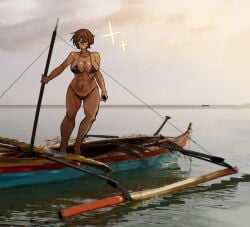 arczaeon bikini black_bikini black_bra black_panties boat brown_hair browsing dark-skinned_female dark_skin happy huge_ass huge_breasts limbus_company meme meme_attire meme_reference ocean ocean_background outis_(limbus_company) outis_(project_moon) project_moon smile smiling smiling_at_viewer tanned tanned_female tanned_skin thick_ass thick_legs thick_thighs voluptuous voluptuous_body voluptuous_female yellow_eyes