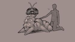 2021 alien antennae_(anatomy) arthropod breasts compound_eyes digital_media_(artwork) duo english_text faceless_character faceless_human faceless_male fangs female feral genitals hi_res human insects kneeling looking_up lying male mammal mandibles meandraco multi_breast open_mouth penis teeth text touching_butt