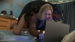 1boy 1girls 3d absurd_res after_sex all_fours ambiguous_penetration blonde_hair brown_jacket canine canine_on_human cum cum_inside deathrayfever distracted doggy_style domestic_dog female female_on_feral feral feral_on_female feral_on_human feral_penetrating feral_penetrating_human grace_ashcroft grace_ashcroft_(julia_pratt) holding_waist human human_female human_on_feral human_penetrated humping jacket laptop leather_jacket light-skinned_female light_skin lying lying_on_bed lying_on_stomach male male/female mounted no_pants on_all_fours partially_clothed partially_clothed_female quadruped relaxing resident_evil resident_evil_9:_requiem rottweiler zoophilia