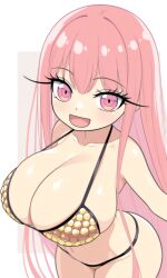 ai_generated cleavage female female_only golden_bikini large_breasts long_eyelashes long_hair looking_at_viewer oc pink_eyes pink_hair short shortstack thebillai