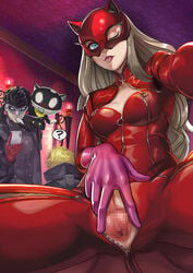 akira_kurusu ann_takamaki atlus big_breasts bodysuit censored clothed_female female jiro-knightraider joker_(persona) long_hair mona_(persona) morgana_(persona) panther(p5) persona persona_5 pussy ryuji_sakamoto straight