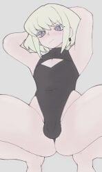 1boy androgynous black_leotard blonde_hair blush blushing_at_viewer bob_cut bulge champchidi cleavage_cutout crossdressing ear_ring embarrassed femboy femboy_only feminine_male leotard lio_fotia looking_at_viewer petite petite_body petite_male promare short_hair shy slim slim_male slim_waist small_penis solo squatting testicles tight_clothing twink
