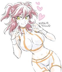 arms_at_sides bike_shorts breasts commentary cowboy_shot crop_top dated female female_villain freckles freckles_on_face ginger ginger_female ginger_hair green_eyes gundam gundam_00 hands_on_own_cheeks hands_on_own_face head_tilt heart large_breasts long_hair looking_at_viewer midriff nena_trinity puffy_cheeks red_hair shorts smile thighhighs untranslatable_commentary villainess wavy_hair yanada_kiyorin