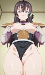 :3 ai_generated ass black_hair breasts clothing dominant dominant_female evil_smile feet female female_only indoors legs long_hair looking_at_viewer pervert_female purple_eyes smile smug smug_face solo suggestive suou_yuki thighs tokidoki_bosotto_russian_de_dereru_tonari_no_alya-san sexy arrogant low-angle_view thick_thighs leotard saiyan_armor cosplay saiyan_female fangs leotard_aside vagina pussy nipples nipple_play nude naked