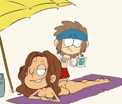 accurate_art_style beach bikini bikini_bottom breast_press breasts_out erect_penis erection erection_under_clothes female lemy_loud luan_loud on_stomach one_eye_closed redkaze sunscreen sunshade swimsuit swimwear tagme textless the_loud_house topless towel wink