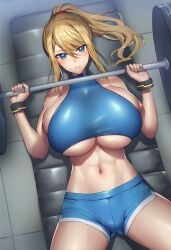 1girls ai_generated belly_button big_breasts blonde_hair breasts brutoaimage exercise_clothing female female_only lifting_weights light-skinned_female light_skin metroid nintendo samus_aran solo