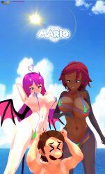 1boy 2026 2girls 3d 9:16 anime_style artist_logo artist_signature beach_background big_breasts blue_eyes boobs cosmixlewds dark-skinned_female koikatsu light-skinned_female light-skinned_male looking_at_viewer luigi mario_(series) naked nintendo nipples nipples_visible_through_clothing original original_character pink_hair portrait purple_eyes purple_hair rosetta_valliere_(cosmixlewds) scared_expression scarlet_ridelle_(cosmixlewds) seductive_look shading shark_girl standing_over starling_heroes string_bikini succubus succubus_tail succubus_wings sun_rays super_mario_bros. swimsuit text watermark
