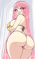 ai_generated ass ass_focus blush female female_only from_behind from_below golden_bikini large_breasts long_eyelashes long_hair looking_at_viewer oc pink_eyes pink_hair short shortstack thebillai