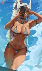1girls 2022 abs absurd_res animal_ears araneesama armband artist_signature biceps bikini blue_sky boku_no_hero_academia breasts brown_skin cellphone choker cleavage cloud covered_nipples cutesexyrobutts_(style) dark-skinned_female dark_skin dutch_angle female female_only fit fit_female food highres hips holding holding_object holding_phone huge_breasts large_breasts long_eyelashes long_hair melting_popsicle micro_bikini mirko miruko muscular muscular_female my_hero_academia navel o-ring o-ring_top outdoors patreon_logo patreon_username phone popsicle rabbit_ears rabbit_girl red_eyes rumi_usagiyama selfie sexually_suggestive side-tie_bikini_bottom sky slim_waist smartphone solo swimsuit thick_thighs thighs toned wading white_hair wide_hips