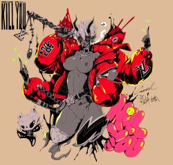4_arms artist_name artist_signature bandaid beige_background belly_button big_zipper chocker collar cybernetics cyberpunk demon_girl ear_piercing earrings elf_ears familiar flat_belly glowing_eyes godtail gray_skin hand_on_hip hi_res high_resolution highres horns jacket jacket_only jacket_open katana lightning_bolt_symbol louis_vuitton medium_breasts nipples open_jacket original_character red_eyes red_jacket short_hair smoking smoking_cigarette tagme tattoo tattoos text weapons white_hair zipper