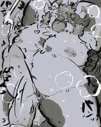 2020 absurd_res anthro balls belly bodily_fluids bovid bovine buta5kawa cattle cum ejaculation erection genital_fluids genitals hi_res humanoid_hands japanese_text kemono male male_only mammal moobs nipples overweight overweight_male penis solo_focus text tongue tongue_out