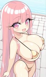 ai_generated cleavage female female_only golden_bikini large_breasts long_eyelashes long_hair looking_at_viewer oc pink_eyes pink_hair short shortstack thebillai