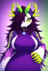 ai_generated big_breasts clawed_fingers claws collar dragon dress facial_markings female gradient_background green_eyes horns hourglass_figure looking_at_viewer markings mega_stone megastone meme meme_attire meme_clothing multicolored_body pubic_hair purple_body purple_fur runes sabertooth_(anatomy) sideboob virgin_killer_sweater white_face wickerbeast wide_hips zula_epsilon