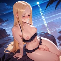 1futa abigail_williams_(fate) ai_generated bangs bare_shoulders beach bikini black_bikini blonde_hair blue_eyes blush breasts clauss closed_mouth clothes_pull collarbone fate/grand_order fate_(series) forehead frilled_bikini frills futa_only futanari light-skinned_futa long_hair moon navel night night_sky nipples ocean outdoors parted_bangs penis sitting sky small_breasts smile solo swimsuit testicles thighs uncensored water