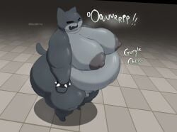 2026 anthro artist_name ass axoarts balls big_butt big_moobs black_bracelet bodily_fluids bracelet burping checkered checkered_floor digital_media_(artwork) domestic_cat exclamation_point fangs felid feline felis fur genitals grey_body grey_ears grey_fur grey_nipples grey_tail guillotina_(mewgenics) hi_res high-angle_view huge_butt jewelry male mammal mewgenics moobs multicolored_body multicolored_fur navel nipples nude obese obese_anthro obese_male onomatopoeia overweight overweight_anthro overweight_male penis rule_63 sharp_teeth small_balls small_penis solo sound_effects spiked_bracelet spikes standing sweat tail teeth text thick_thighs three-quarter_view two_tone_body two_tone_fur white_eyes