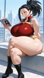 1girls ai_generated ass big_breasts black_hair boku_no_hero_academia boots breasts comic_book crossed_legs curvaceous curvy_female exposed_thighs female female_only hourglass_figure huge_ass huge_breasts indoors large_breasts leotard light-skinned_female light_skin momo_yaoyorozu my_hero_academia ponytail puffyboi30 reading sitting_down solo thick thick_thighs voluptuous voluptuous_female wide_hips