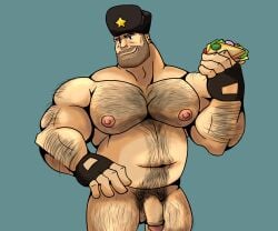 1boy abs arm_hair balls bara bear_(body_type) beard beard_stubble belly body_hair chest_hair feet_out_of_frame fingerless_gloves flaccid food forearm_hair gay hairy hairy_male hat_only heavy_(team_fortress_2) heavy_weapons_guy holding holding_object leg_hair male male_nipples male_only musclegut muscles muscular nipples penis pubes pubic_hair sandwich scrotum simple_background smile smiling sole_male solo solo_male team_fortress_2 testicles ushanka yaoi