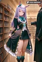 1boy 1girls 2025 ai_assisted ai_generated animal_ears anime animeprds25 aqua_bow artist_name black_coat black_footwear black_skirt boots bow bowtie camera ear_ribbon frills hi_res high_quality high_resolution highres holding horse_ears horse_girl kneehighs long_hair long_sleeves looking_at_viewer mejiro_mcqueen_(umamusume) patreon patreon_username pleated_skirt purple_eyes purple_hair ribbon skirt socks solo_focus stable_diffusion swept_bangs watermark