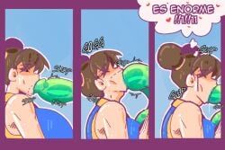 blowjob blowjob_face brown_eyes brown_hair chun-li_(fortnite) ella_slurp female female_focus fortnite giant_penis green_penis parallel_vlad sequence spanish_text street_fighter tear vi_wesker