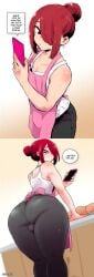 ai_assisted ai_generated apron ass ass_focus bulge bulge_through_clothing dat_ass different_angle english_text eye_covered eye_covering_bang eyelashes femboy phone phone_case pink_phone red_hair scara2b scarabb short_hair text