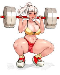 1girls athletic_female big_breasts breasts cleavage curvy curvy_figure female huge_breasts keigi_(artist) lifting midriff muscular_female open_mouth red_eyes red_shorts shoes sneakers solo solo_female squatting sweat thick_thighs tied_hair voluptuous white_background white_hair workout workout_clothes workout_clothing workout_equipment yellow_bra yellow_topwear