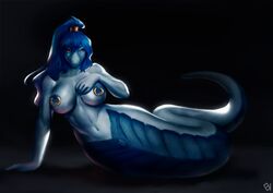 absurd_res anthro apode big_breasts blue_body blue_hair breasts draconcopode evokstudio female fingers genitals hair hi_res jecca_qua naga nipples non-mammal_breasts nude piercing ponytail pussy red_eyes reptile scalie serpentine simple_background smile snake solo taur