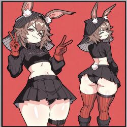 ai ai_assisted ai_generated ass black_panties black_sweater brown_hair caper_(arknights) double_v from_behind gloves looking_at_viewer midriff multiple_views navel peace_sign pleated_skirt rabbit_ears rabbit_girl rabbit_tail red_background red_eyes skirt small_breasts smug thick_thighs thighhighs turtleneck wink winking_at_viewer