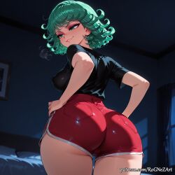 2026 ai_generated anime ass bangs bed bedroom black_shirt breasts buttocks cleavage covered_nipples crossover curly_hair curtains female female_focus female_only flipped_hair from_behind green_eyes green_hair hands_on_hips highres indoors inside looking_back medium_breasts night nsfw one-punch_man patreon patreon_username red_shorts rognezart shirt short_hair short_shorts short_sleeves shorts smile smiling smirk smug solo tatsumaki thick_thighs thighs window