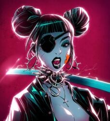 1girls absurd_res alternate_version_available artist_name artist_signature bandaid bandaid_on_face black_hair blue_body blue_skin chocker collar cross crucifix cybernetics cyberpunk demon_girl earrings eye_patch female female_only godtail hairstyle_request hi_res jacket jacket_open katana leather_clothing leather_jacket necklace open_jacket original_character portrait red_background sharp_fangs tounge_piercing ultra_high_resolution vampire_teeth