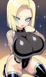 ai_generated android_18 asking_for_it bare_stomach black_leather blonde_female blonde_hair blue_eyes cold_stare dragon_ball_super dragon_ball_z expressionless female female_only finger_in_mouth ice_blue_eyes large_breasts looking_at_viewer ringed_eyes seductive seductive_look taimanin_suit thebillai