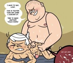 2boys age_difference aged_up bald balls blush closed_eyes coach_(the_loud_house) comic_bubble endurance endured_face evil_grin fat fat_male gay lincoln_loud male male_breasts male_only male_raping_male male_rapist man_boobs multiple_boys muscular muscular_male onlyboney overweight overweight_on_muscular penis penis_in_ass size_difference sperm_cell sweat the_loud_house white_hair yaoi