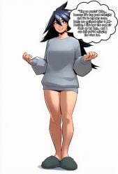 ai_generated bare_legs black_hair blue_eyes breasts clenched_hands clothing english_language english_text female full_body grey_footwear grey_sweater grin hair_between_eyes long_hair long_sleeves looking_at_viewer midnight_(my_hero_academia) my_hero_academia simple_background slippers smile solo speech_bubble standing sweater teeth white_background