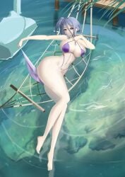 bikini blue_eyes blue_hair date_a_live hammock kuro1tanaka murasame_reine palm_leaf sea sea_background sexy swimsuit tropical_beach white_skin
