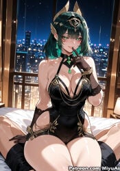 nefer_(genshin_impact) genshin_impact green_hair green_eyes mature_female thick miyuai ai_generated ai_assisted thick_thighs thick_ass thick_legs thick_hips thick_butt wide_hips wide_thighs voluptuous voluptuous_female curvy curvy_figure curvaceous curvy_female female breasts uncensored patreon_reward 1girl 1girls gloves large_breasts finger_to_mouth dress bangs short_hair thighs cleavage night bare_shoulders covered_navel blush looking_at_viewer 1boy smile black_hair sky black_gloves circlet sitting window jewelry rating:safe