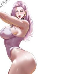 1girls armpit big_ass big_breasts black_sclera brnn curvy_female from_side jujutsu_kaisen large_breasts leotard light-skinned_female long_hair looking_at_viewer nipple_bulge pink_clothing pink_hair pose sideboob simple_background thick_thighs tongue_out uro_takako white_background wide_hips