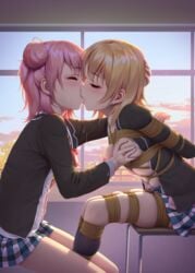 2girls arms_behind_back black_socks blonde_hair bondage bound breast_grab breasts closed_eyes duo female female_only femdom femsub grabbing groping happy_sub highres himitsu_(hi_mi_tsu_2) isshiki_iroha kissing knee_socks kneehighs kneesocks lactation lezdom medium_breasts multiple_girls multiple_subs my_teen_romantic_comedy_snafu nipples pink_hair restrained rope rope_bondage saliva school_uniform short_hair socks sub_dominating_sub sunset tied_up tokinohimitsu yuigahama_yui yuri